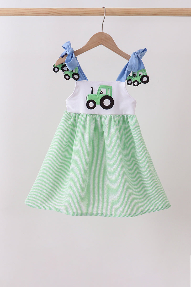 Blue Tractor Applique Seersucker Dress